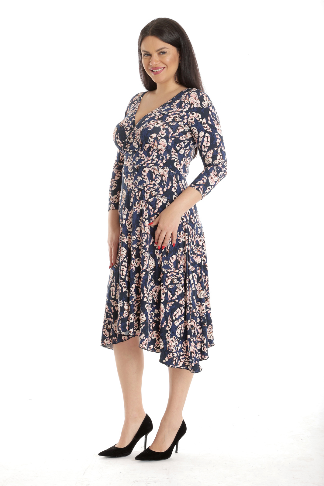 Poza produs Rochie petrecuta si colturi CP23011 bleumarin floral, Cesy | marimea M