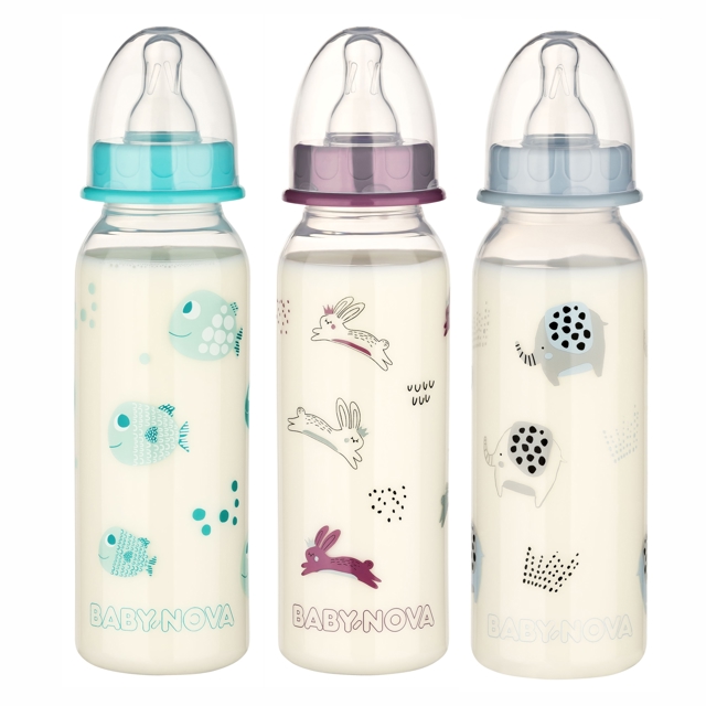 Poza produs Biberon PP fara BPA, decor animalute, tetina rotunda M, 0-24 luni, 47010, Baby Nova | 130 ml