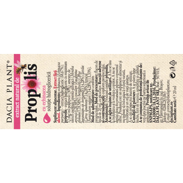Poza produs Propolis cu Echinacea fara alcool cu picurator, Dacia Plant | 20 ml