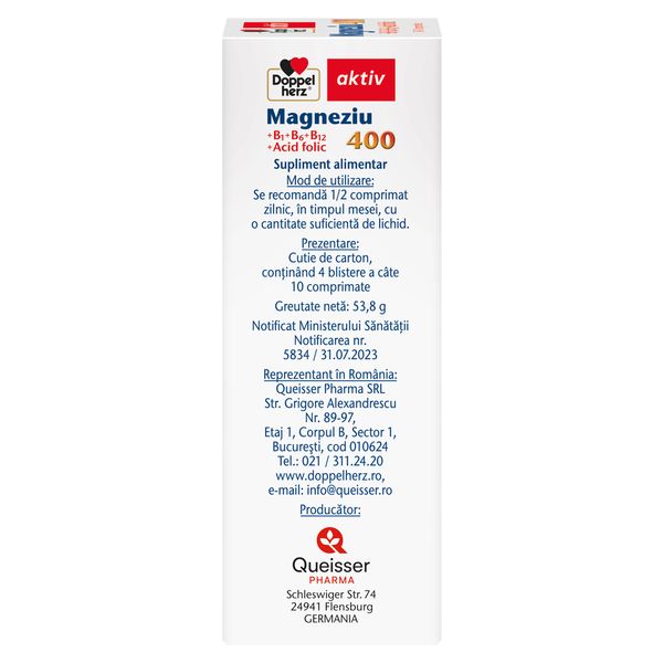 Magneziu 400 mg+Acid folic+Vitamina B1+B6+B12, Doppelherz Aktiv | 30 comprimate + 10 comprimate CADOU — poza produs 3/4