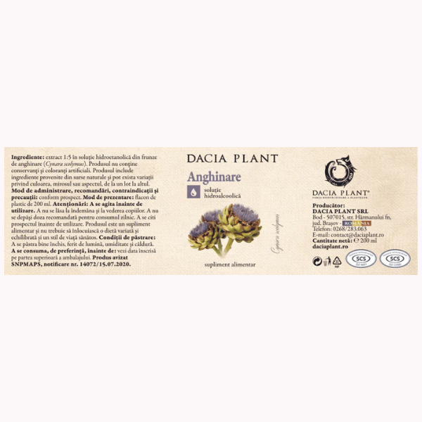 Poza produs Tinctura Anghinare, Dacia Plant | 50 ml