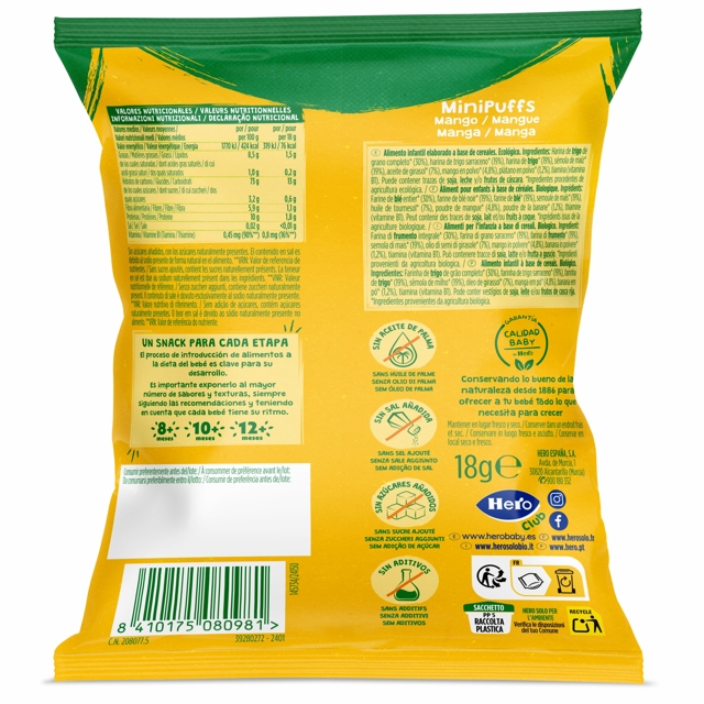 Poza produs Snack Bio din cereale cu mango Solo Minipuffs 8+ luni, Hero | 18 g