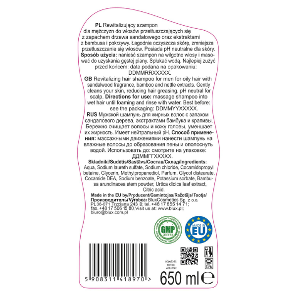 Poza produs Sampon pentru reglarea sebumului cu Extract de Bambus si Urzica Naturaphy Men, Blux | 650 ml
