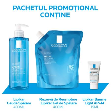 Poza produs PACHET - Gel de dus calmant Lipikar si Rezerva + Balsam Lipikar Baume Light AP+M, La Roche-Posay | 400ml+400ml+15ml  Gel de duș calmant pentru pielea sensibilă sau uscată Lipikar + Rezervă eco