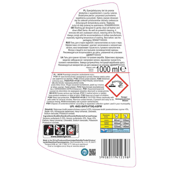 Poza produs Gel curatare articole umplute cu puf si pene, Blux | 1L