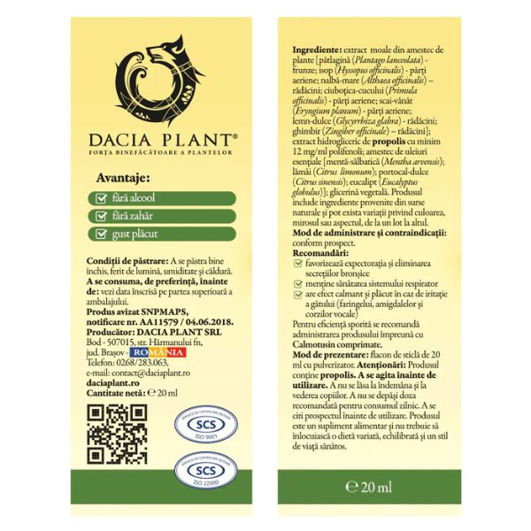 Poza produs Calmotusin Spray pentru gat cu propolis si menta fara alcool | 20 ml
