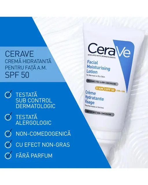 Poza produs CeraVe crema hidratanta pentru ten normal-uscat cu SPF 50 | 52 ml