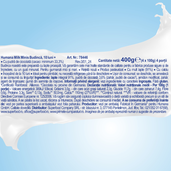 Poza produs Budinca cu ciocolata Milk Minis 10+ luni, Humana | 4 x 100 g