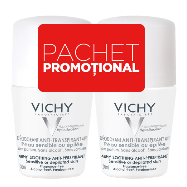Poza produs Pachet deodorant roll-on antiperspirant 48 ore fara parfum,1+1, Vichy | 50 ml