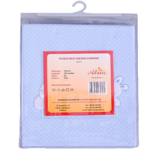 Poza produs Paturica tricot brodata pentru bebelusi STAR BEAR bleu, Perpetuum | 70x90 cm