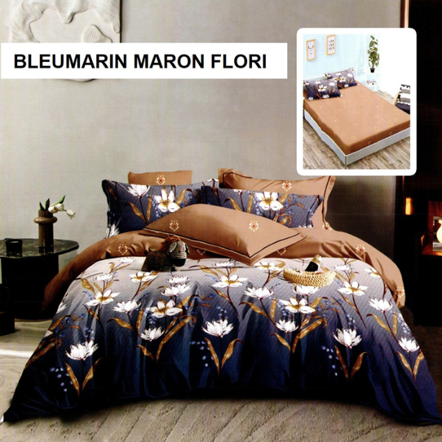 Poza produs Lenjerie pat cu husa FINET (6 piese) bleumarin maron flori 180x200 cm, Ralex | 1 buc