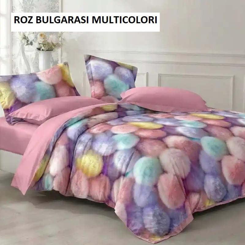 Poza produs Lenjerie pat FINET (6 piese) roz bulgarasi multicolori 230x250 cm, Ralex | 1 buc