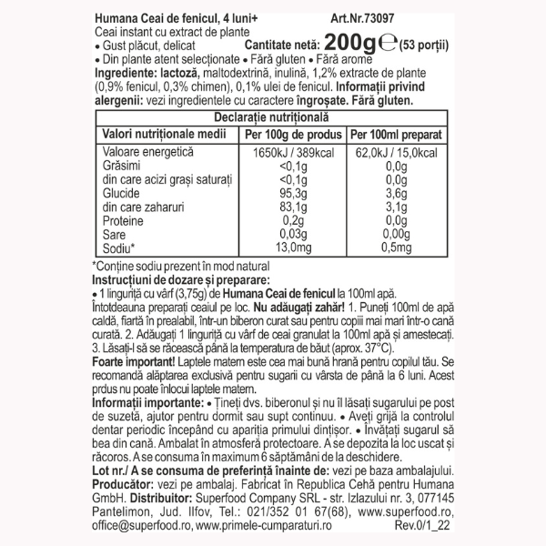 Poza produs Ceai fenicul 4+ luni, Humana | 200 g