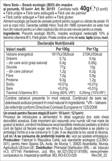 Poza produs Snack Bio din mazare si porumb Solo 10+ luni, Hero | 40 g