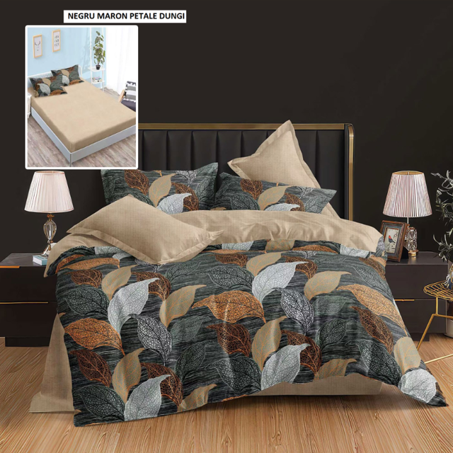 Poza produs Lenjerie pat cu husa FINET (6 piese) negru maron petale dungi 180x200 cm, Ralex | 1 buc