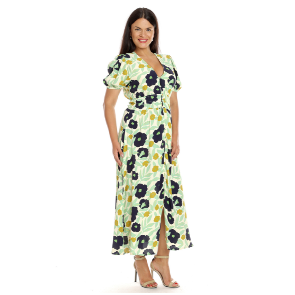 Poza produs Rochie cu nasturi DV23R52 crem/vernil/bleumarin floral, Dress to Impress | marimea 44