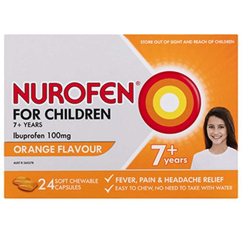 Poza produs Nurofen Junior 100 mg cu portocale 7 ani+ | 24 capsule masticabile