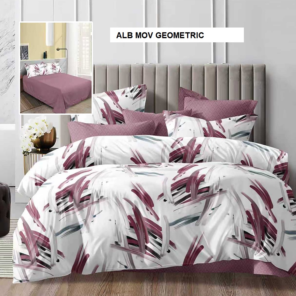 Poza produs Lenjerie de pat policoton ELVO alb mov geometric 230x250 cm, Ralex | 1 buc