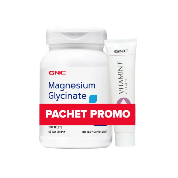Poza produs Pachet promo Magnesium Glycinate + vitamina E unguent, GNC | 200 mg, 120 tbl. + 50 g, unguent