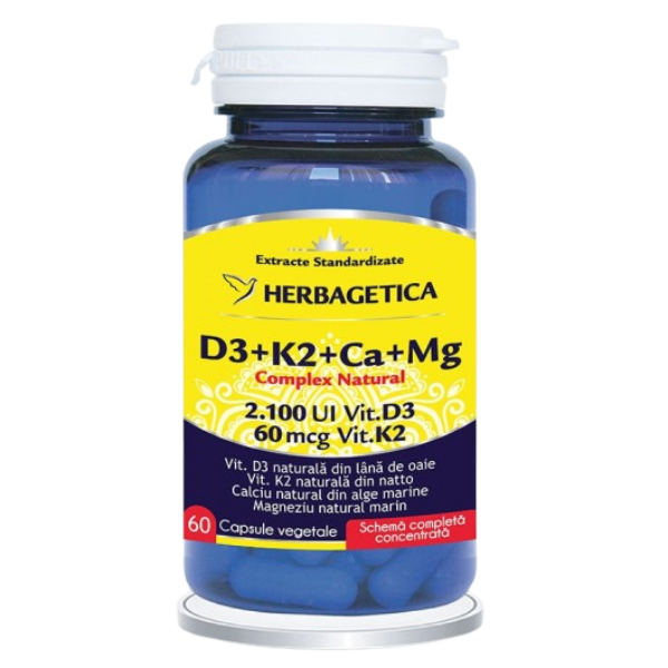 Complex Natural D3+K2+Ca, Herbagetica | 60 capsule