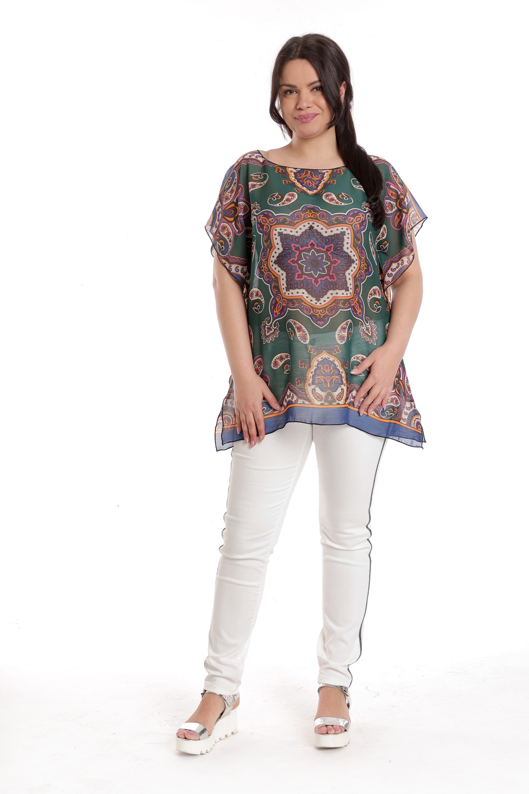 Bluza dama voal CV23046 verde & albastru arabesc, Cesy | marimea L/XL