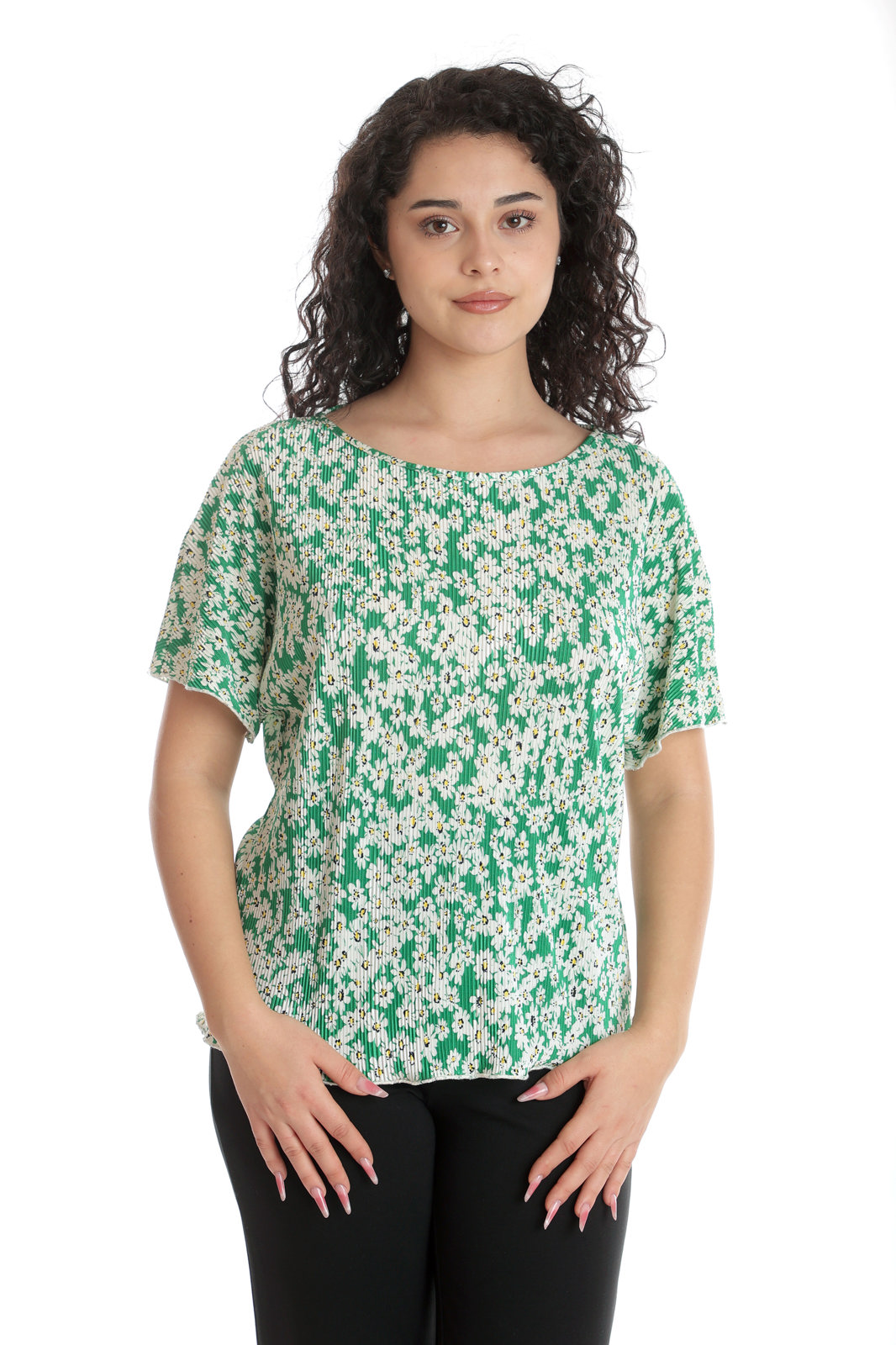 Bluza dama CV24042 verde & alb margarete, Cesy | marimea M