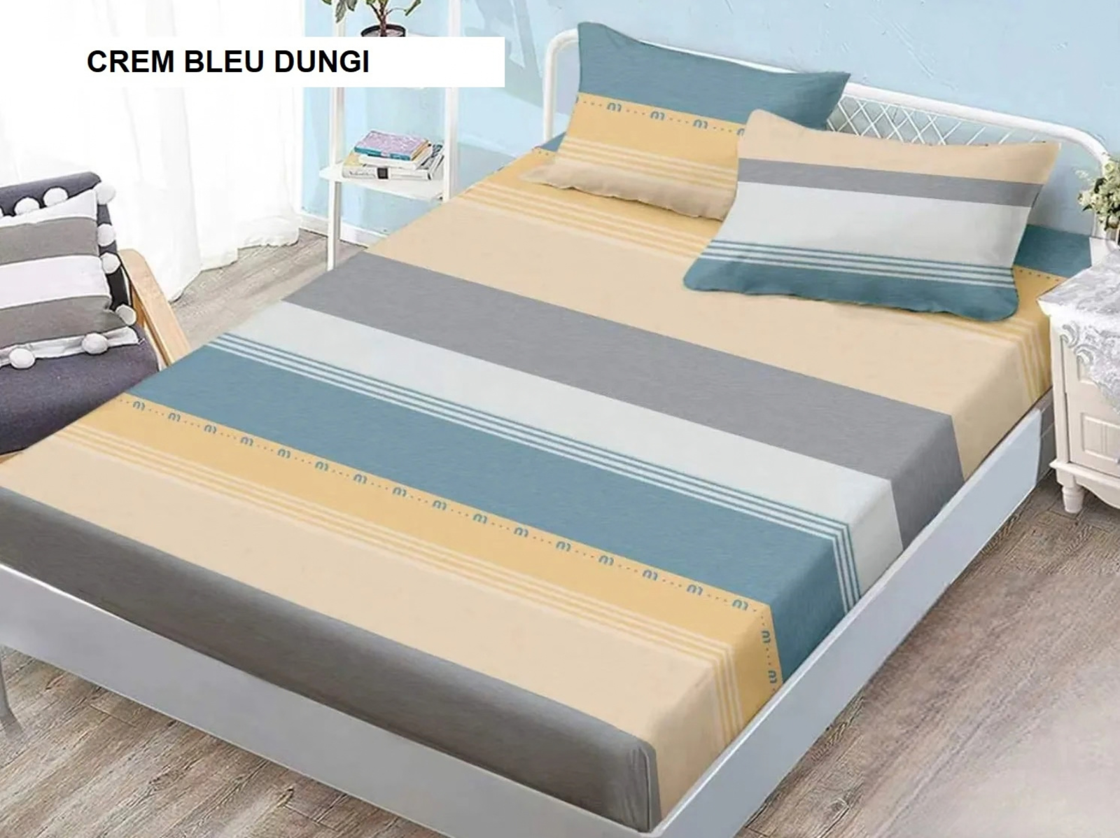 Husa de pat Finet + 2 fete de perna crem bleu dungi 200x160 cm, Ralex | 1 buc
