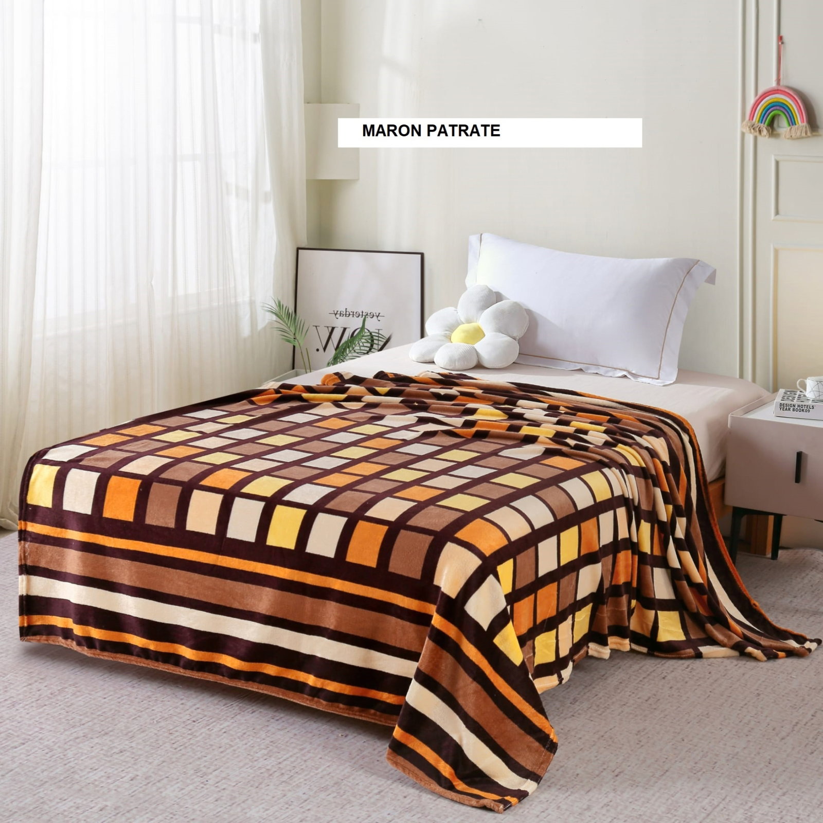 Patura pufoasa maron patrate 200x220 cm, Ralex | 1 buc