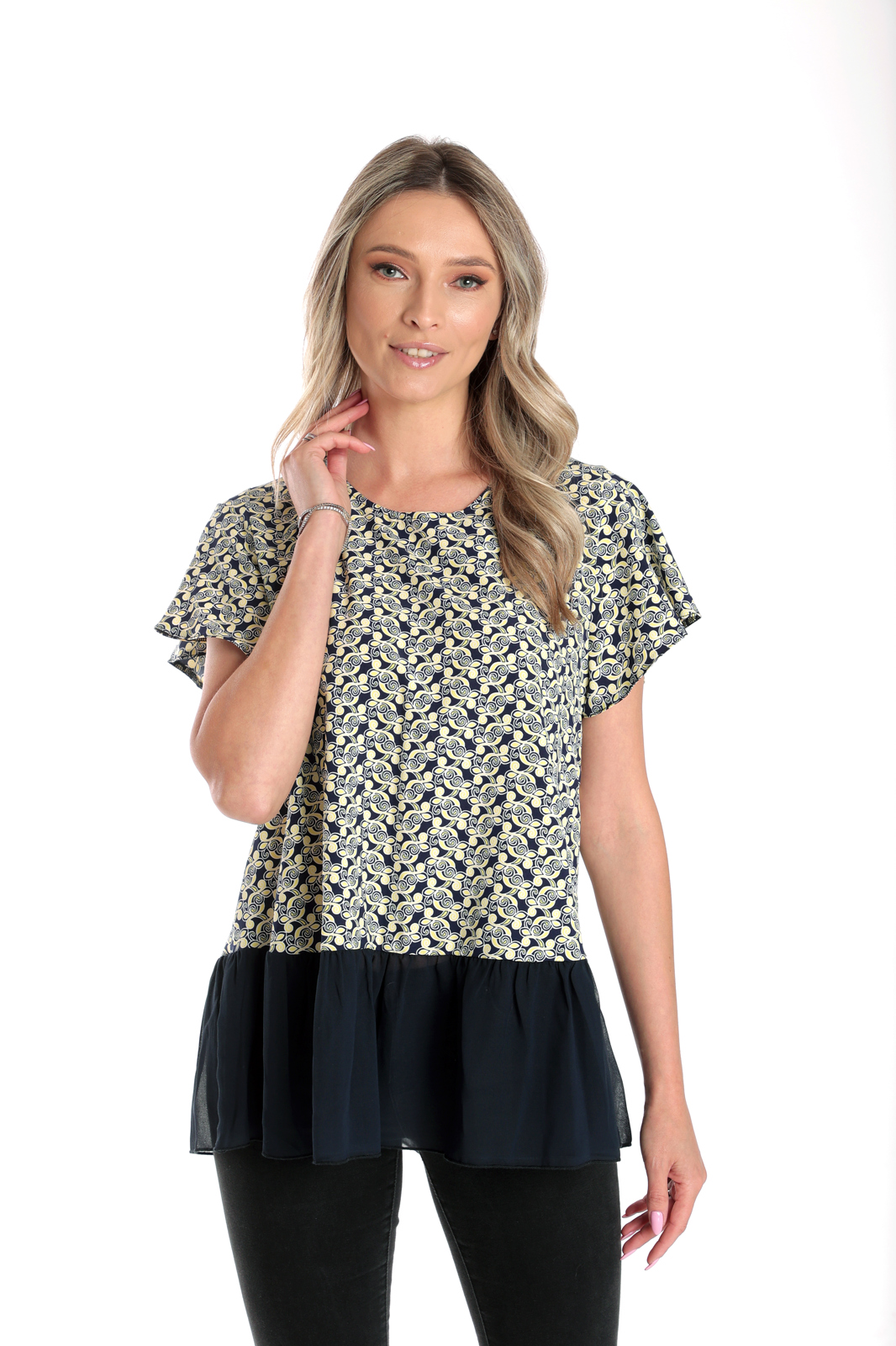 Bluza volan CV24057 bleumarin/galben microimprimeu, Cesy | marimea XXL