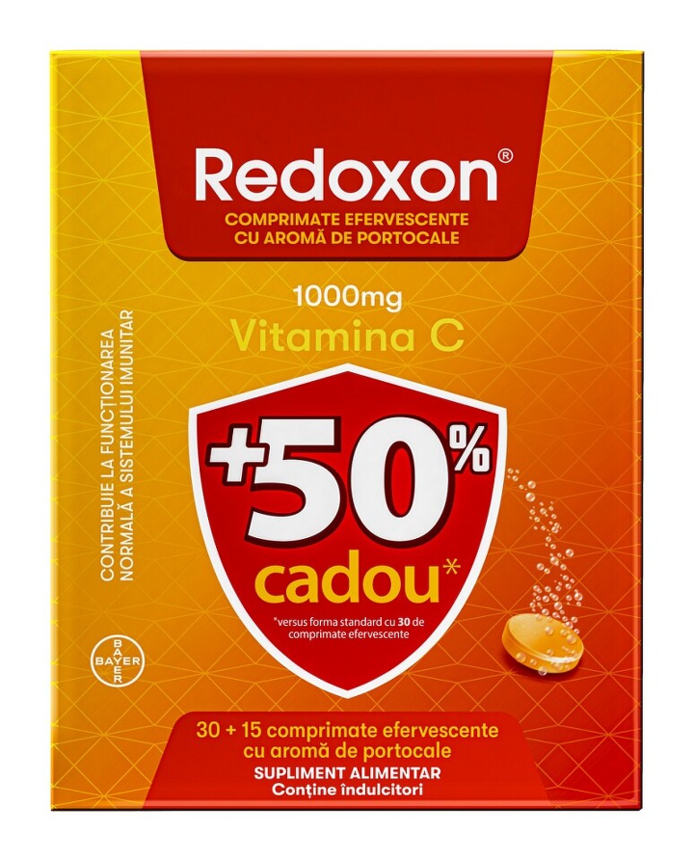 Redoxon cu aroma de portocale 1000 mg, 30 + 15 comprimate efervescente CADOU, Bayer