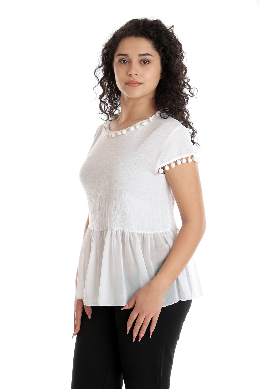 Bluza peplum CV24050 alb & ciucurei, Cesy | marimea XL