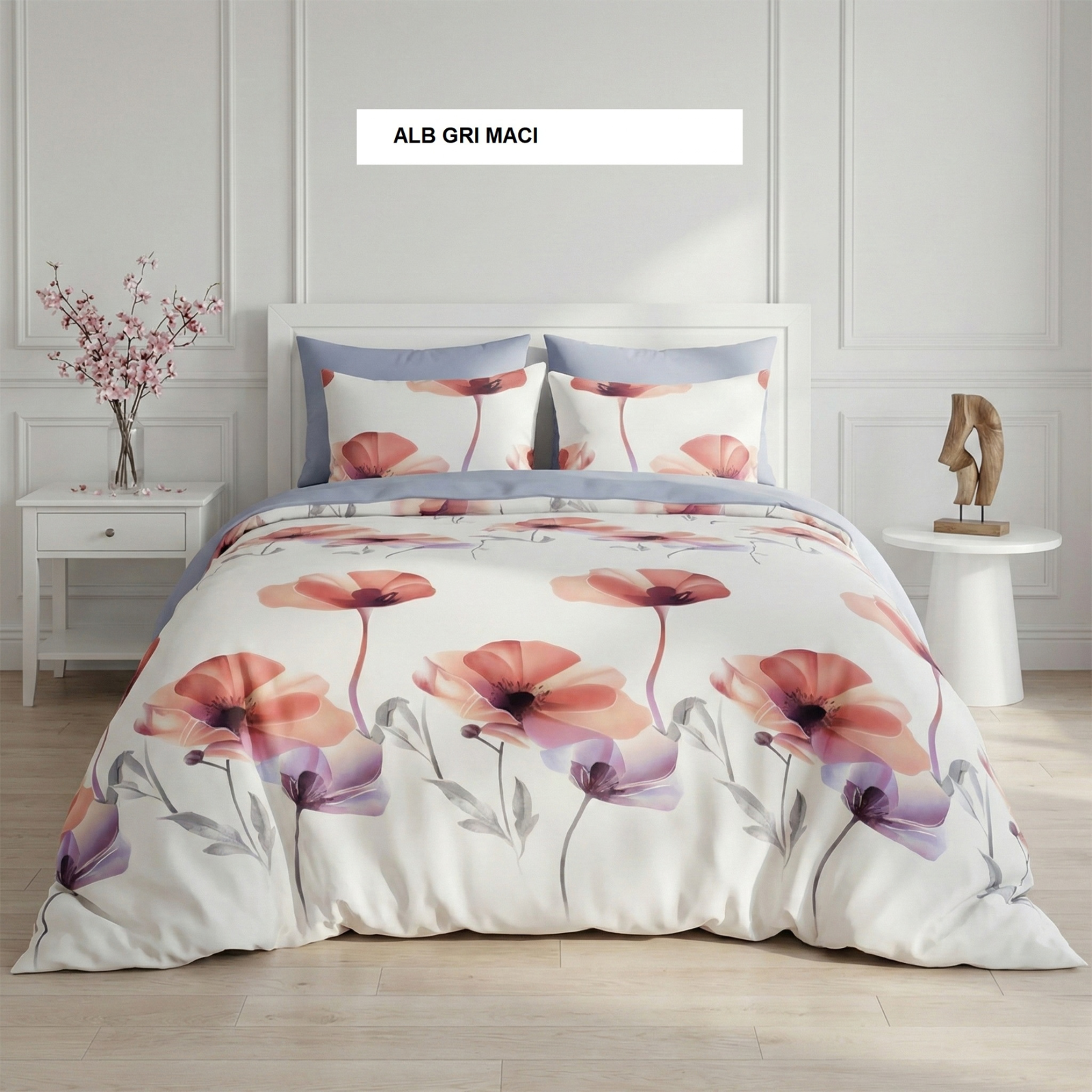 Lenjerie pat cu husa FINET (6 piese) alb gri maci 180x200 cm, Ralex | 1 buc