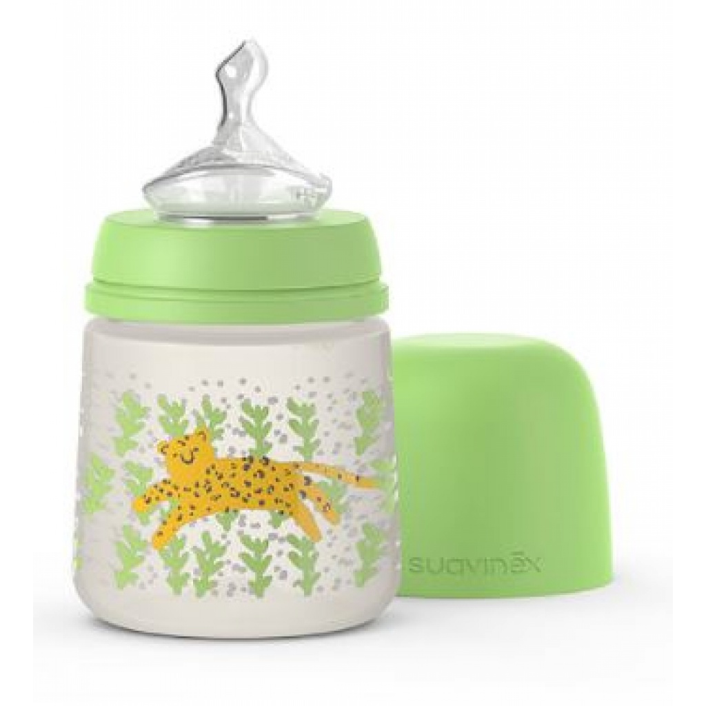 Biberon cu tetina ortodontica din silicon, flux lent, 0-6 luni – Jungle Verde, Suavinex | 150ml