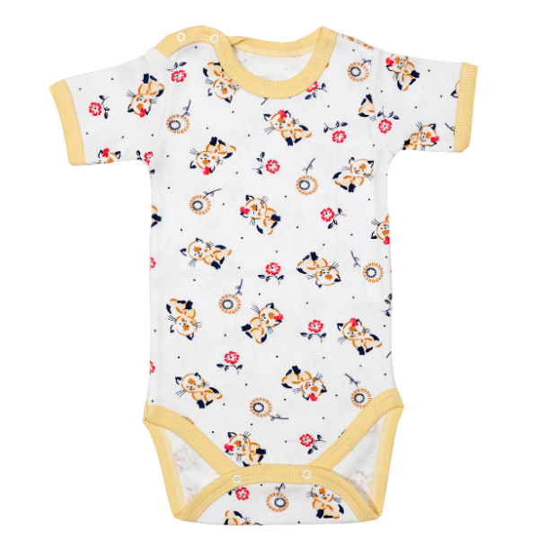 Body 4 capse maneca scurta RB03 alb/imprimeu pisicute, Rombaby | 9/12 luni