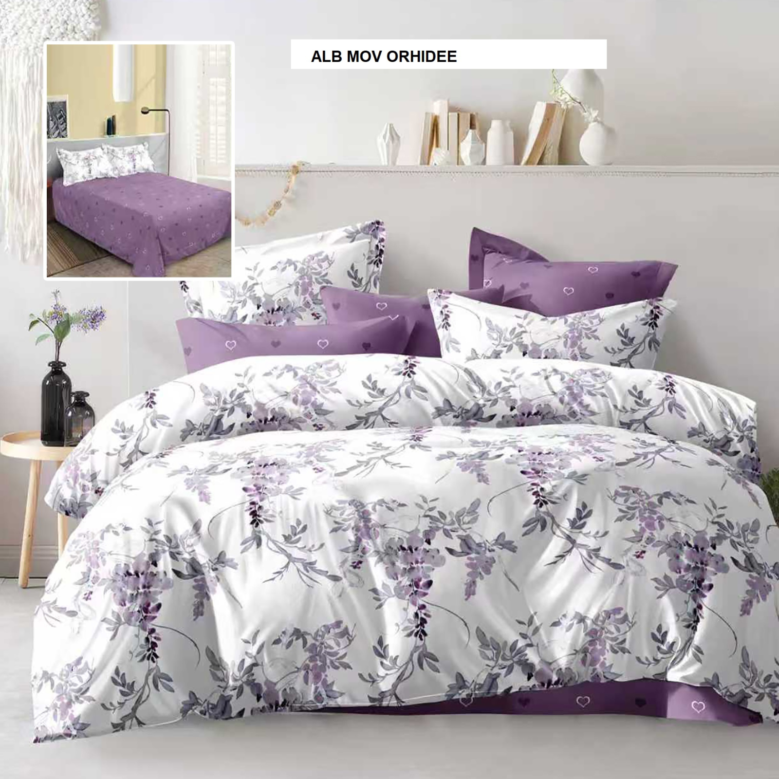 Lenjerie de pat ECONOMY alb mov orhidee 230x250 cm, Ralex | 1 buc