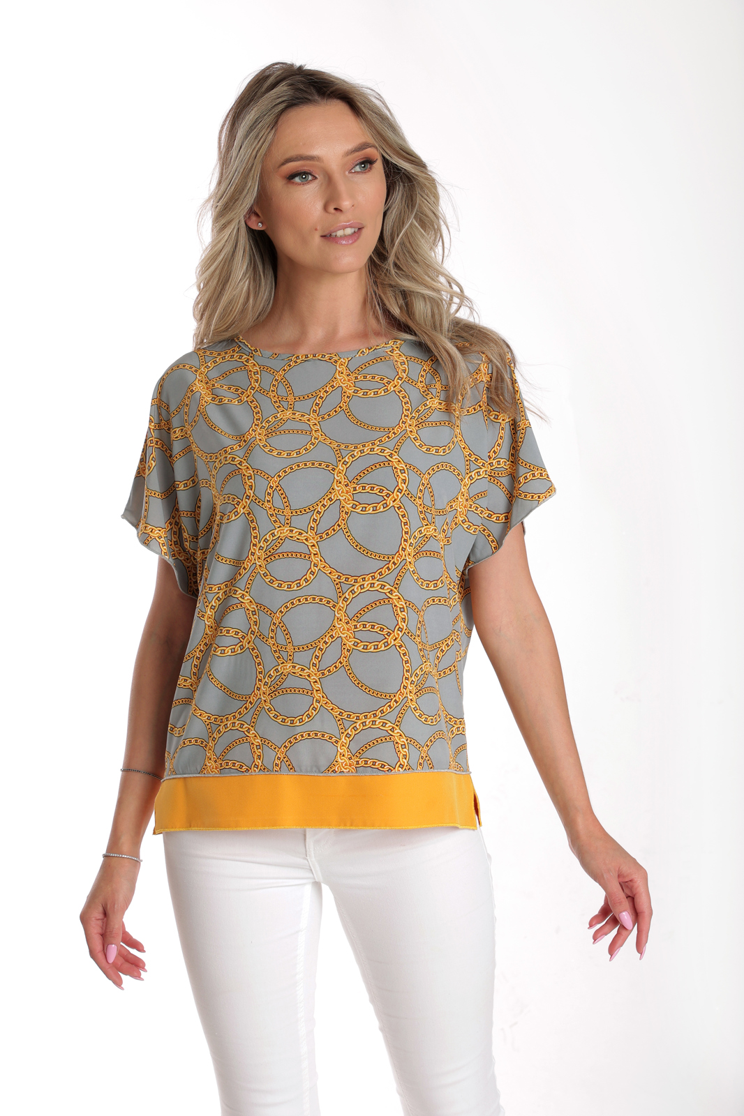 Bluza chimono CV24065 gri & mustar cercuri, Cesy | marimea S