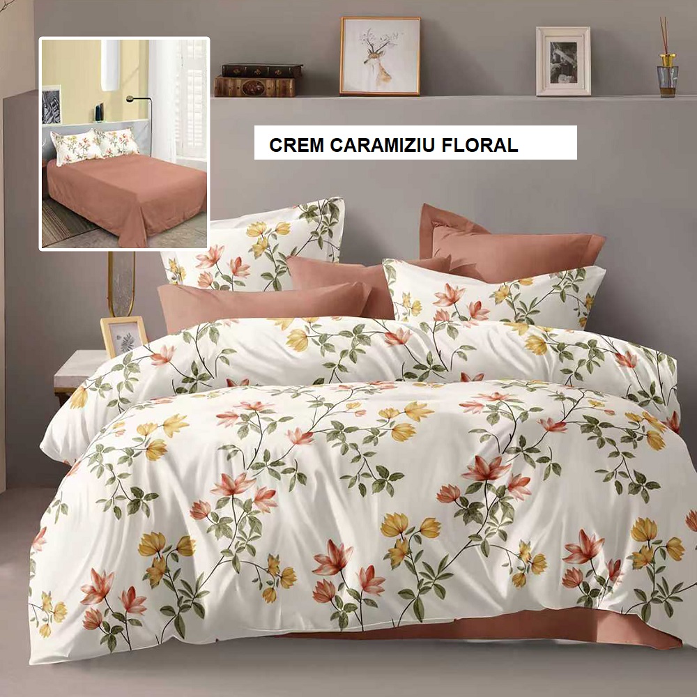 Lenjerie de pat policoton ELVO crem caramiziu floral 230x250 cm, Ralex | 1 buc