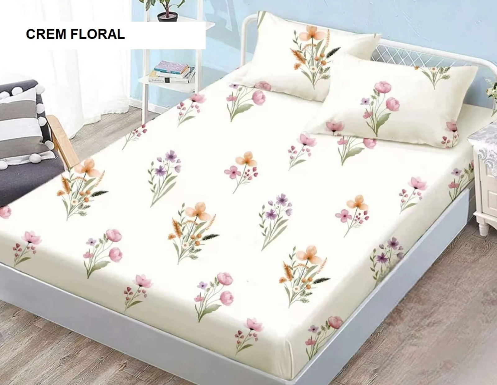 Husa de pat Finet + 2 fete de perna crem floral 200x160 cm, Ralex | 1 buc