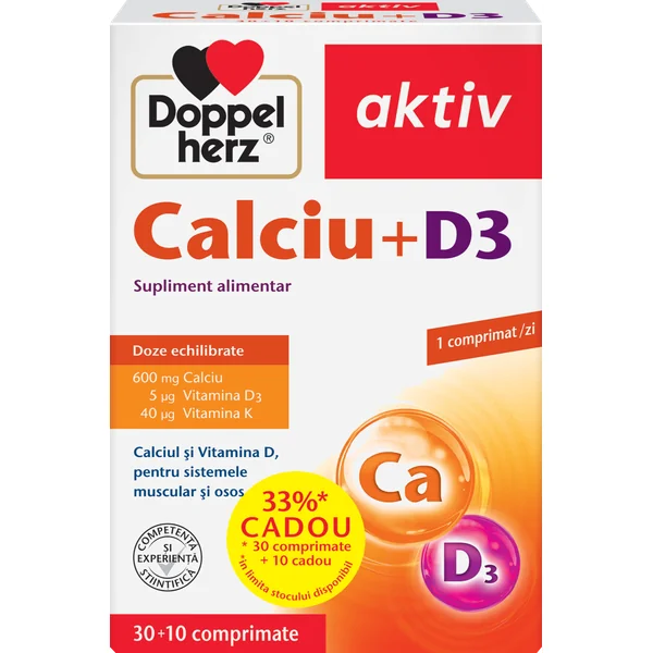 Calciu + D3, Doppelherz Aktiv | 30 comprimate + 10 comprimate CADOU