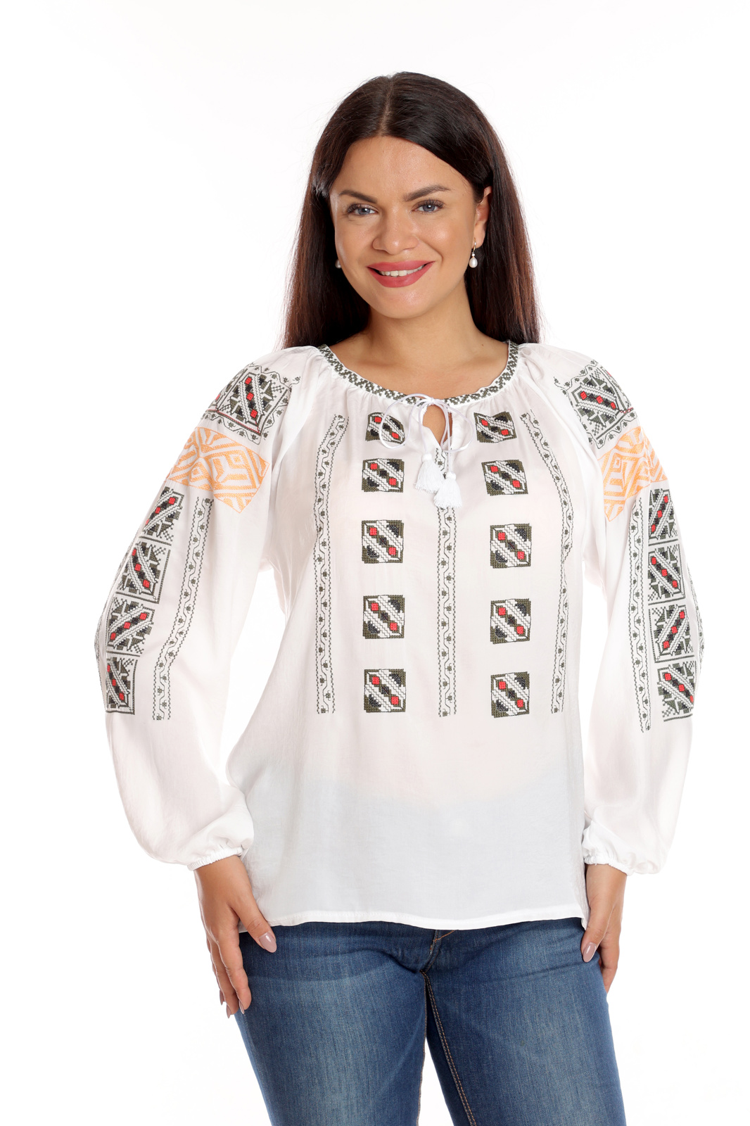 Ie broderie dama DI25IE83 alb/kaki/rosu traditional, Dress to Impress | marimea 44/46