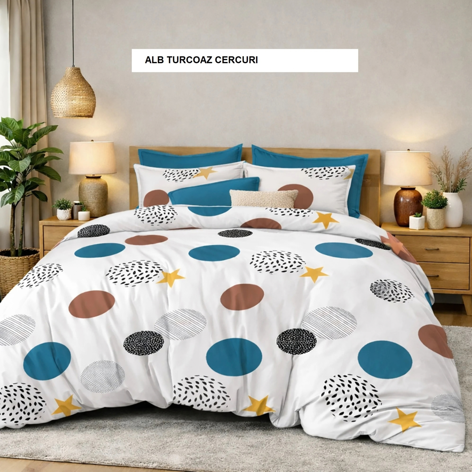 Lenjerie pat cu husa FINET (6 piese) alb turcoaz cercuri180x200 cm, Ralex | 1 buc