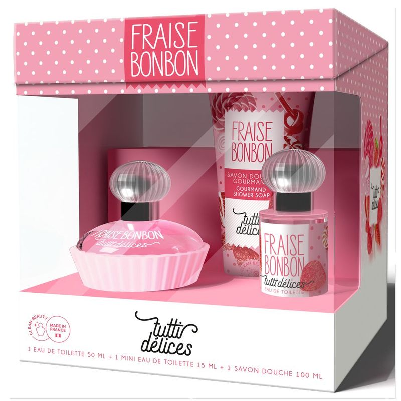 Set cadou dama Tutti Delices Fraise Bonbon, Corania | EDT 50 ml + EDT15 ml + gel de dus 100 ml
