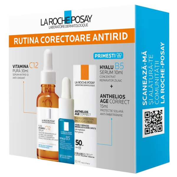 Pachet Serum Cu Vitamina C12 Pura 30 ml + Mini Anthelios Age Correct 15 ml + Mini Hyalu B5 Serum 10 ml, La Roche-Posay