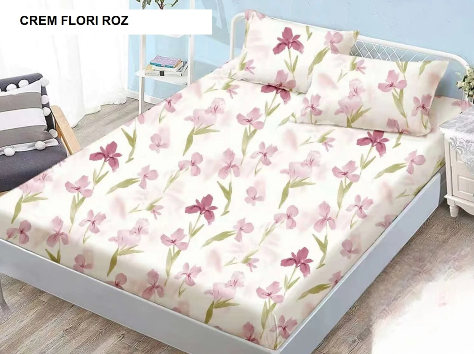 Husa de pat Finet + 2 fete de perna crem flori roz 200x160 cm, Ralex | 1 buc