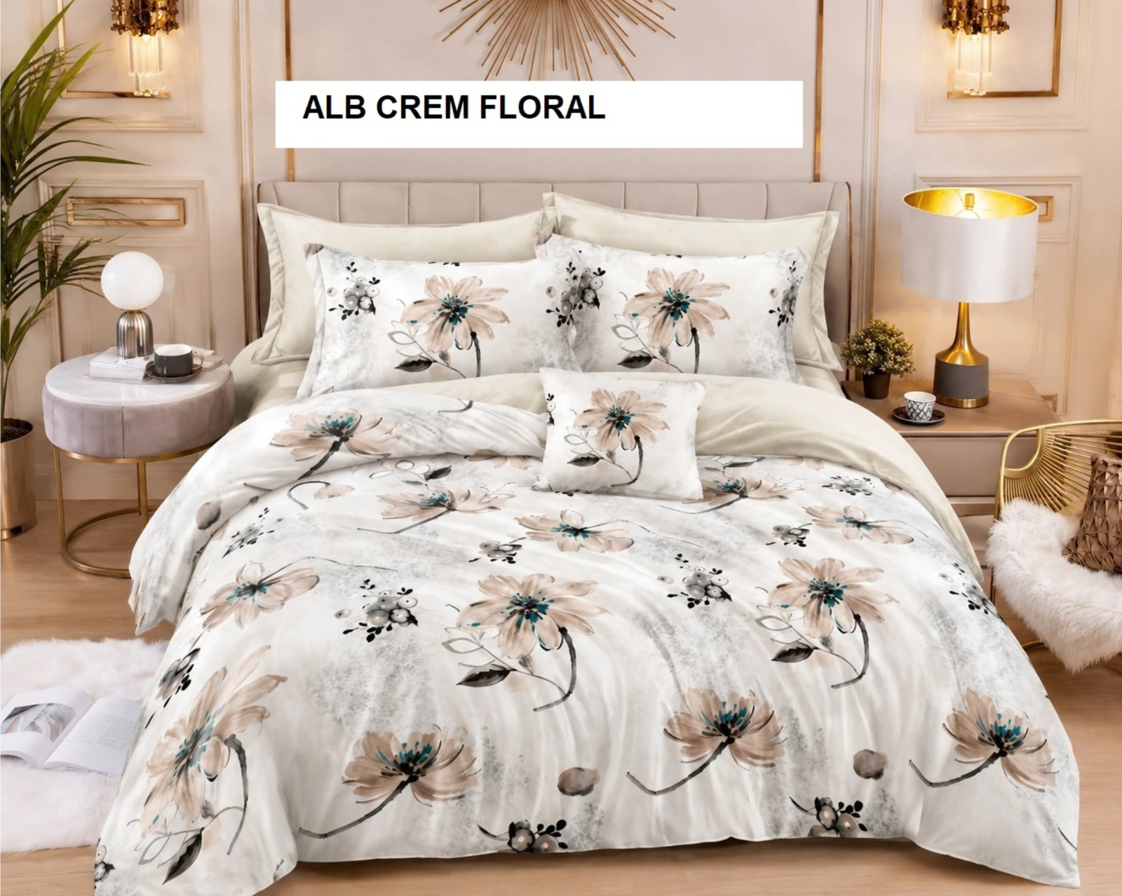 Lenjerie pat cu husa FINET (6 piese) alb crem floral 180x200 cm, Ralex | 1 buc