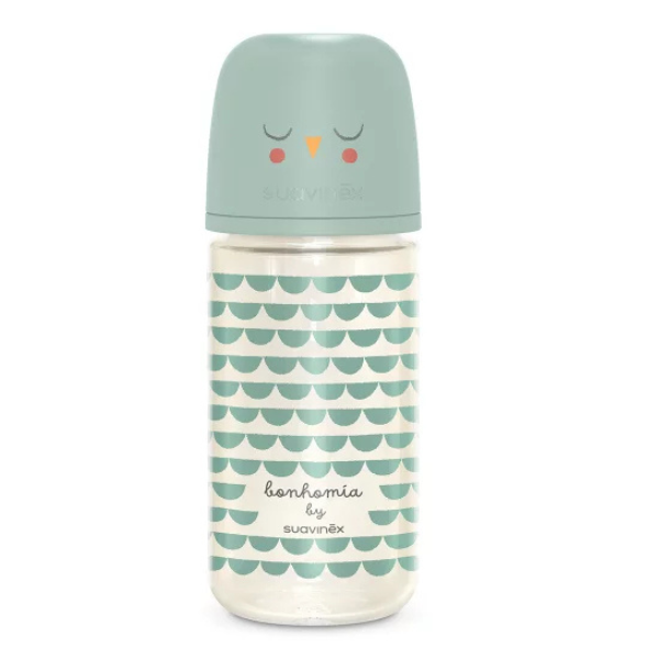 Biberon din sticla cu tetina SX Pro cu debit mediu, verde, Bonhomia, Suavinex | 240 ml