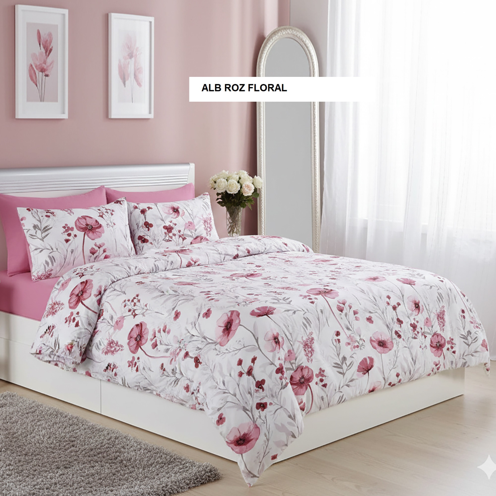 Lenjerie de pat policoton ELVO alb roz floral 230x250 cm, Ralex | 1 buc