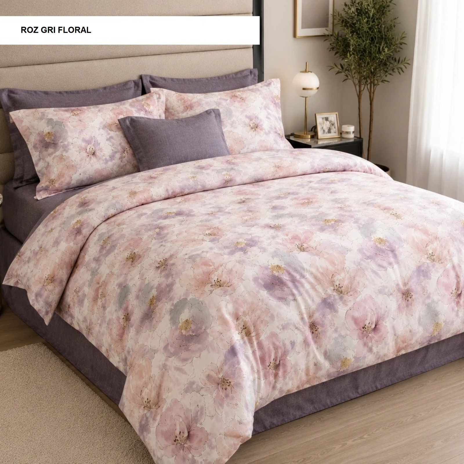 Lenjerie pat FINET (6 piese) roz gri floral 230x250 cm, Ralex | 1 buc