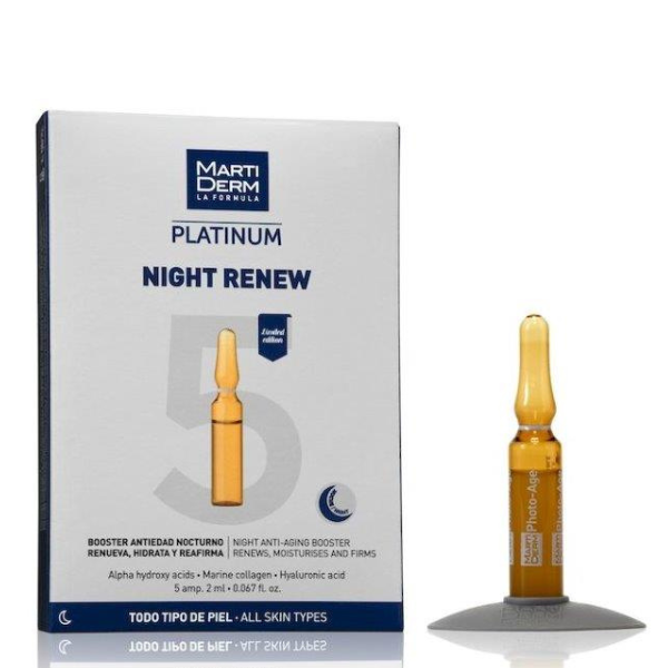 Fiole cu acid hialuronic si alfa hidroxi acizi Night Renew, Platinum, Martiderm | 5 fiole