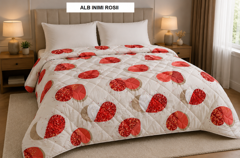 Pilota pat 3D 2 persoane alb inimi rosii 200x215 cm, Ralex | 1 buc